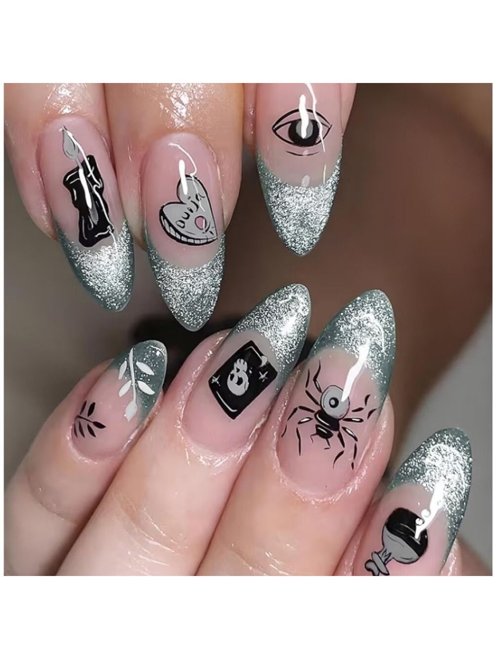 2/$10 Silver Glitter French Tip Almond False Nails with Black Occult Art